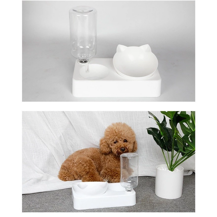 White automatic pet water and food dispenser with visible water level for small dogs.