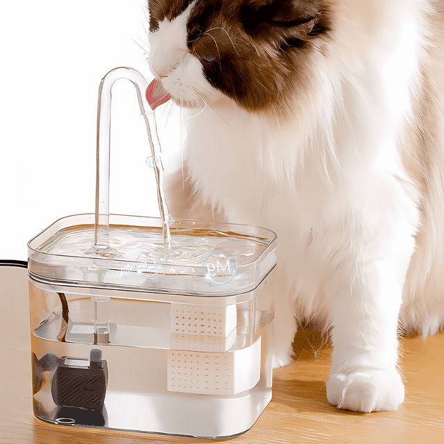 Automatic pet water fountain with multi-stage filtration system for cats and dogs, ensuring fresh water.