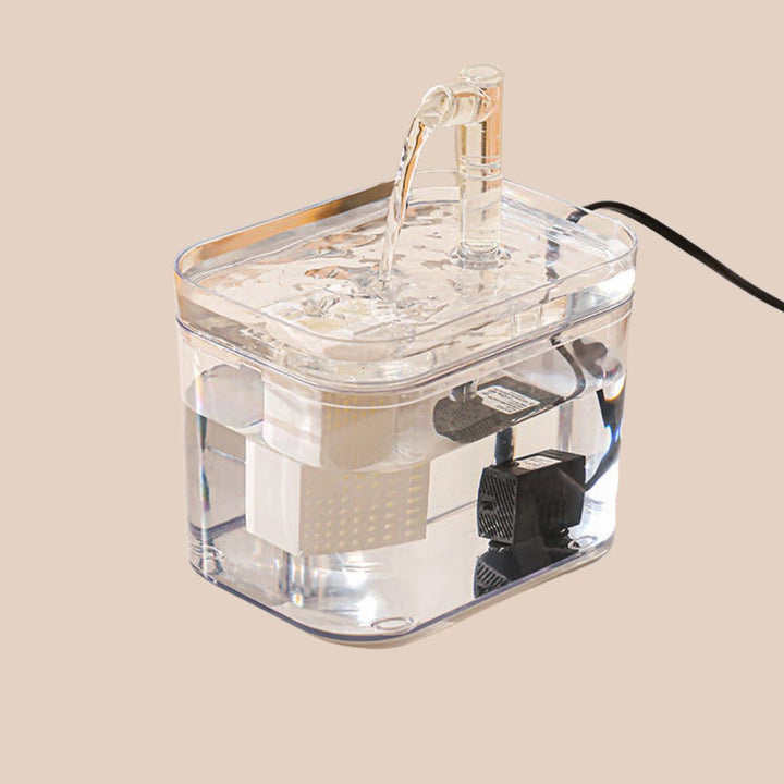 Pet water fountain showing a visible water level indicator and sleek, modern pet accessories design.