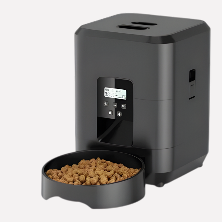 Automatic smart pet feeder for dogs & cats, with portion control, in white, dispensing food