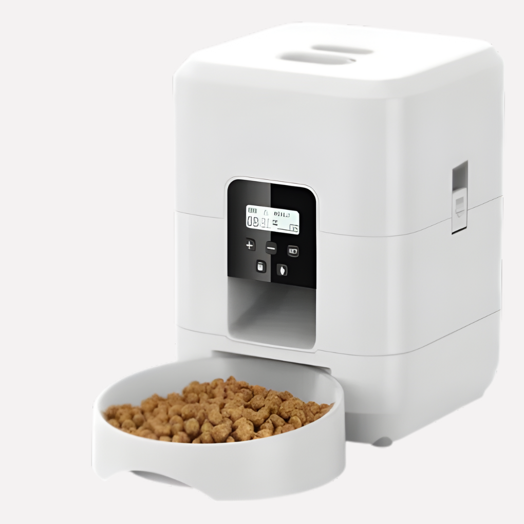 Smart dog and cat feeder in a modern design, showing digital display for programming meal times