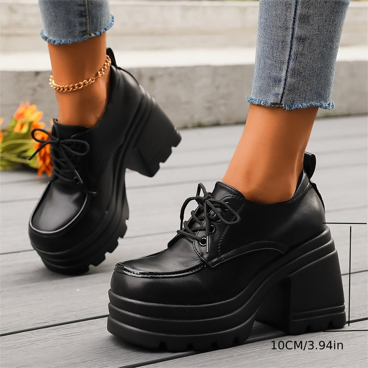 Women's versatile chunky platform oxfords, comfortable lace-up design, block heel, perfect for retro looks.