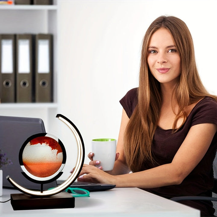 Modern LED hourglass lamp, unique sand art desk decor, a calming ambient light source.