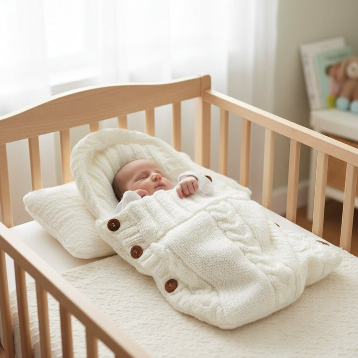Baby's Cozy Comfort Wrap Blanket for newborns. Soft beige acrylic infant swaddle with hood, ideal baby shower gift.