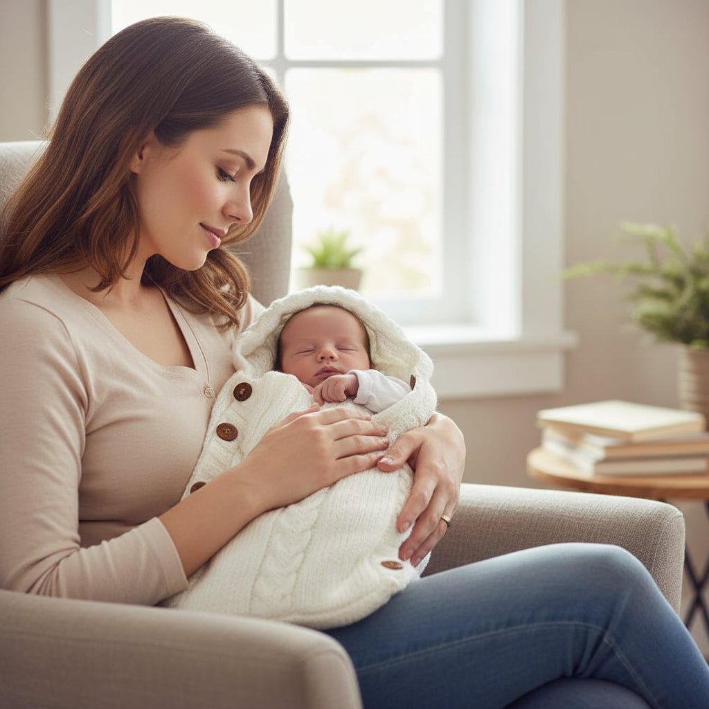Newborn baby sleeping soundly in a soft beige hooded baby wrap blanket, providing ultimate comfort and security.