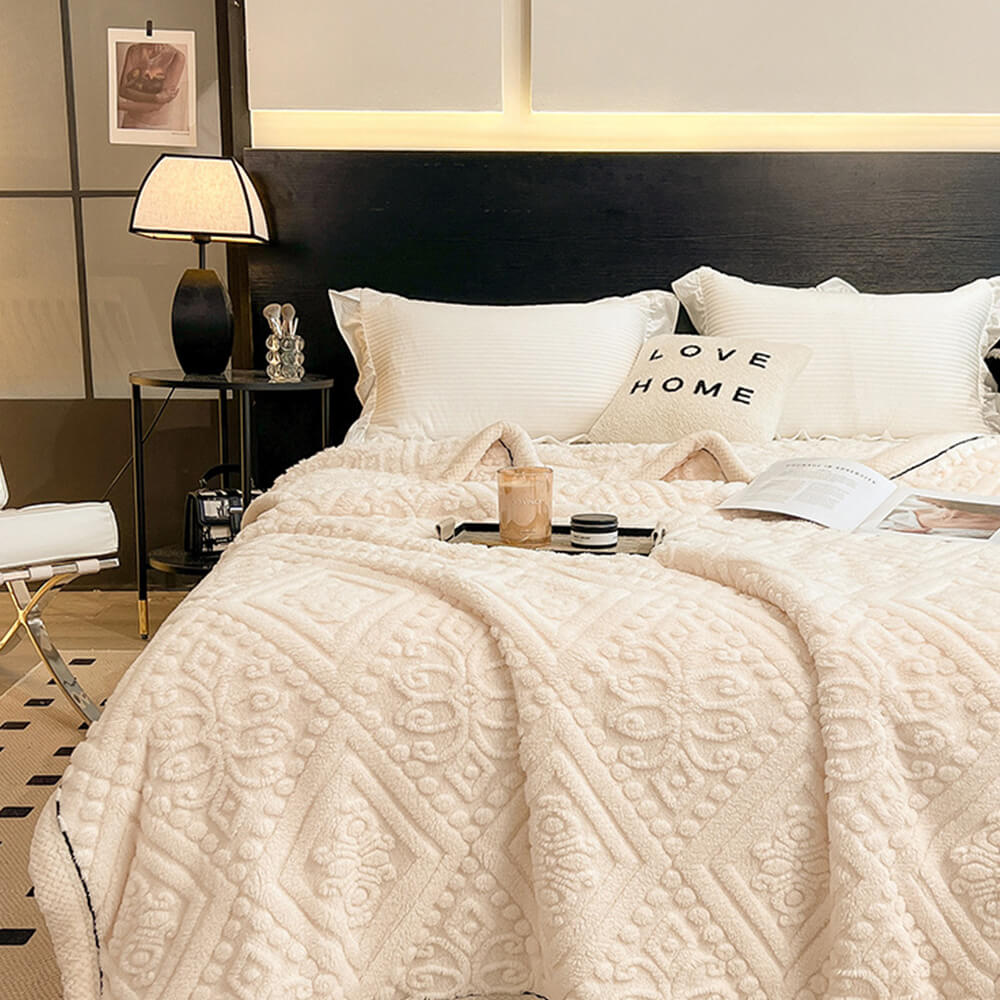 Baroque Embossed Milk Velvet Fleece Blanket, luxury soft throw for cozy home decor