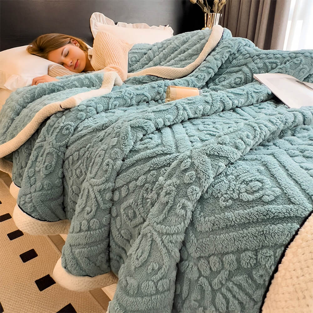 Full view of a Baroque embossed milk velvet fleece blanket spread out, luxurious home accent