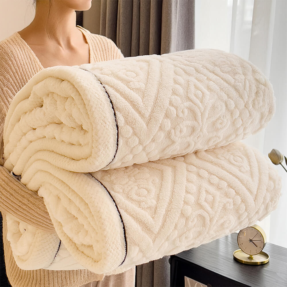 Baroque embossed design on a soft milk velvet fleece blanket, ideal cozy throw