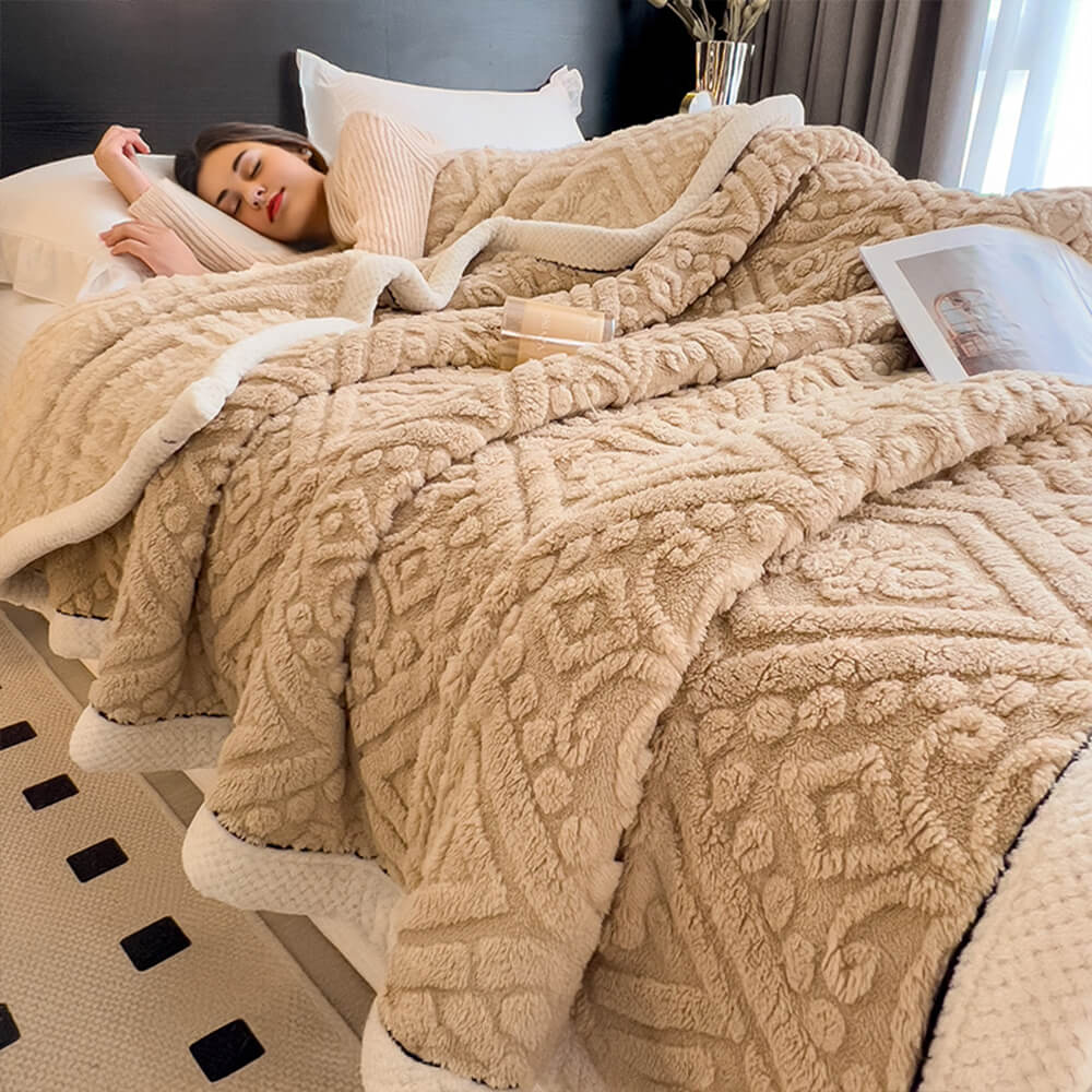 Textured Baroque milk velvet fleece blanket, a warm and luxurious addition to home decor