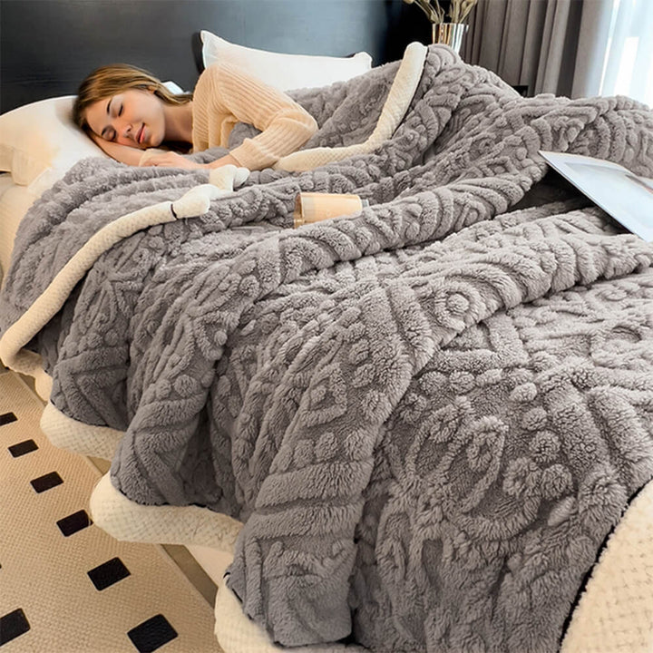 Warm Baroque milk velvet fleece blanket, an elegant embossed luxury throw for any room