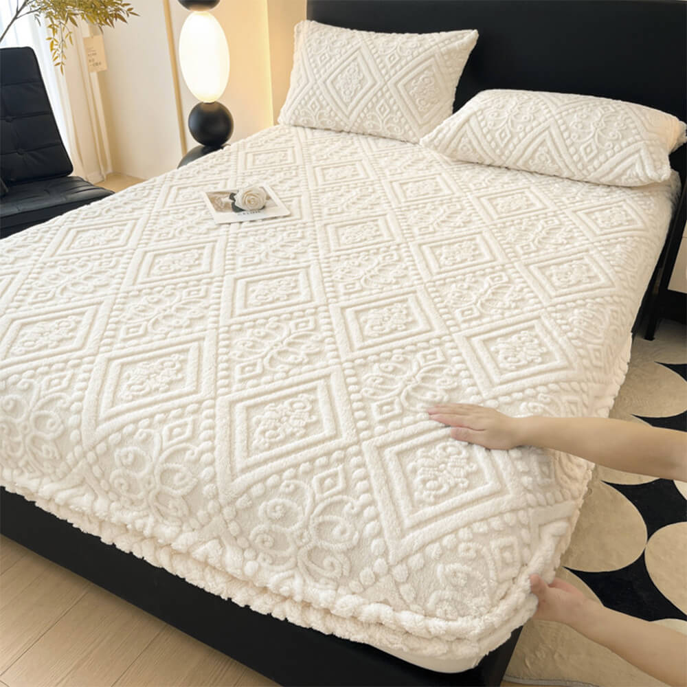 Baroque embossed warm milk velvet fitted sheet & pillowcase set. Soft, luxurious bedding for ultimate comfort.