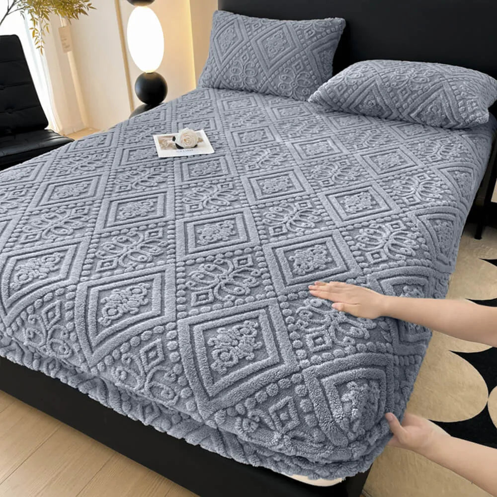 Matching milk velvet fitted sheet and pillowcase set, embossed with a classic baroque design. Home comfort.