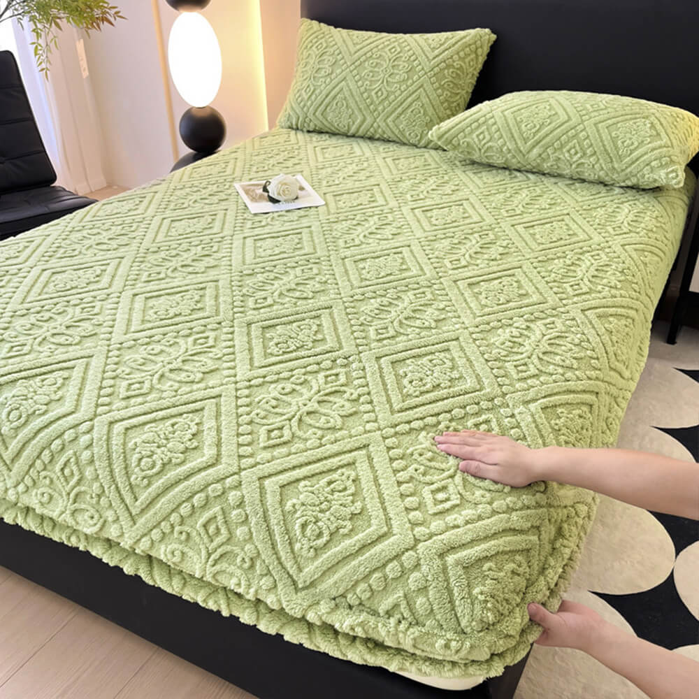 Soft bedding essentials: baroque embossed warm milk velvet fitted sheet and a comfortable pillowcase.