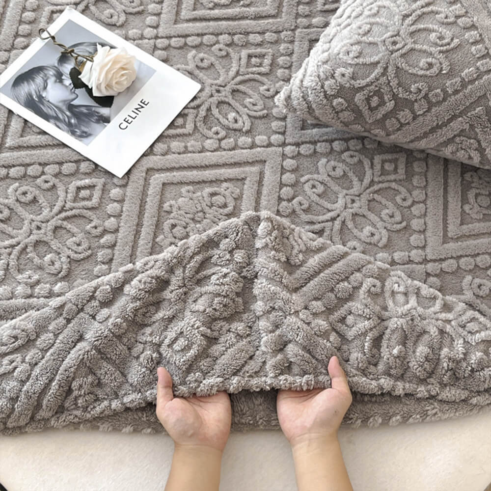 Comfortable milk velvet bedding set, including a fitted sheet and pillowcase, with a baroque embossed design.
