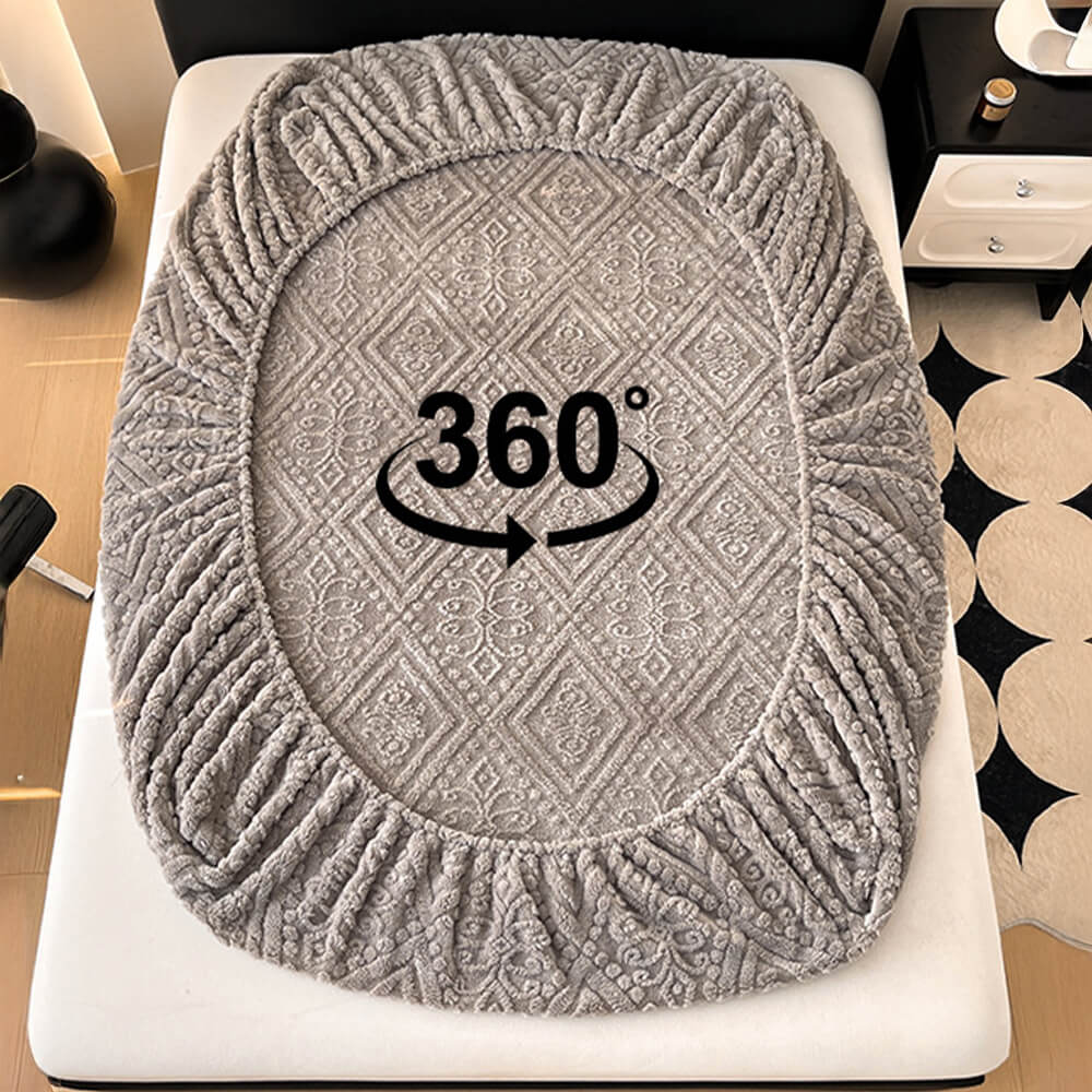 Elegant baroque embossed milk velvet fitted sheet and pillowcase, offering warmth and sophisticated style.