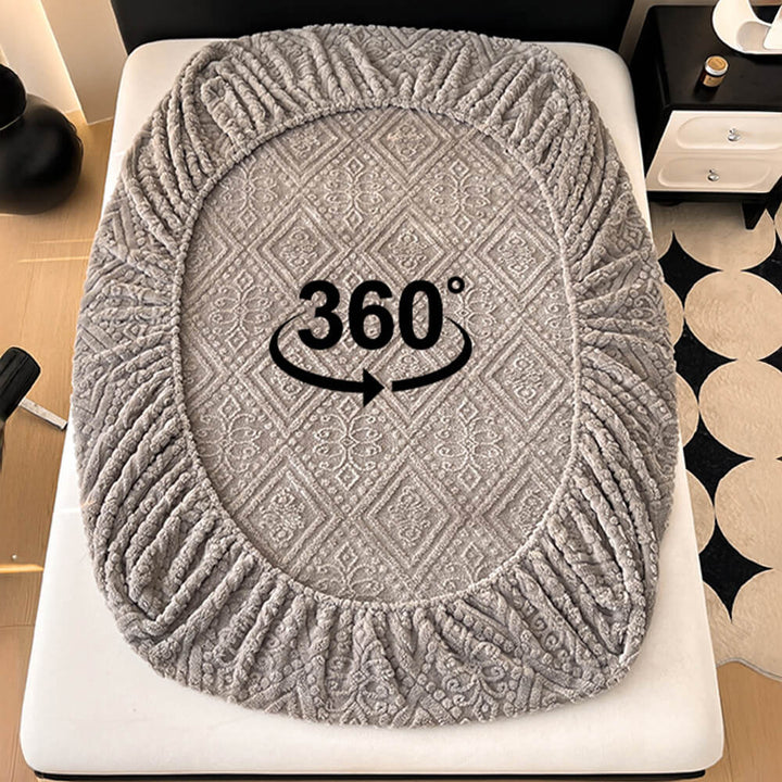 Elegant baroque embossed milk velvet fitted sheet and pillowcase, offering warmth and sophisticated style.