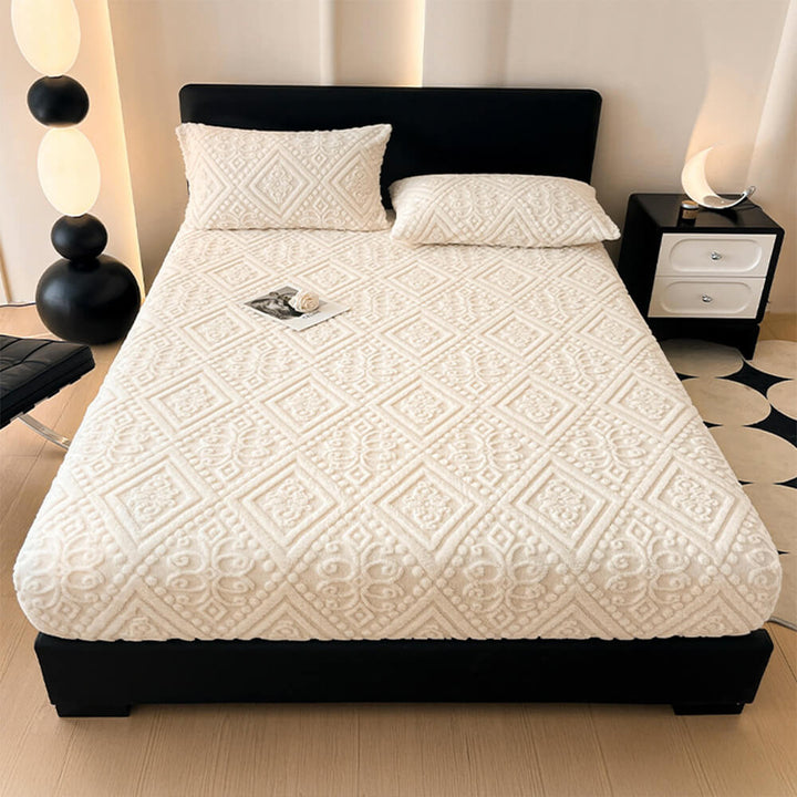 Transform your bedroom with this baroque embossed warm milk velvet fitted sheet and pillowcase set.