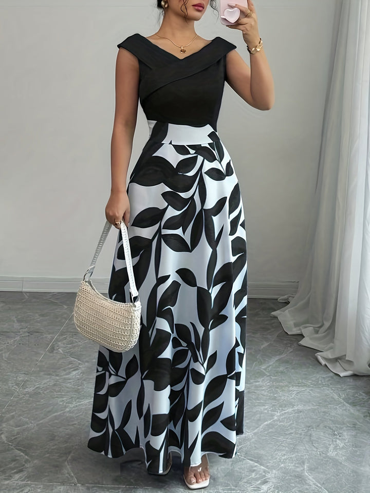 Sophisticated women's maxi dress with V-neckline & flowing A-line skirt, ideal for parties.