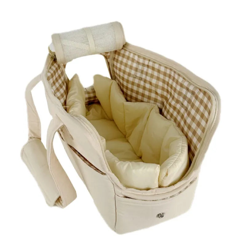 Breathable pet carrier for small pets, beige, featuring secure zipper closure.