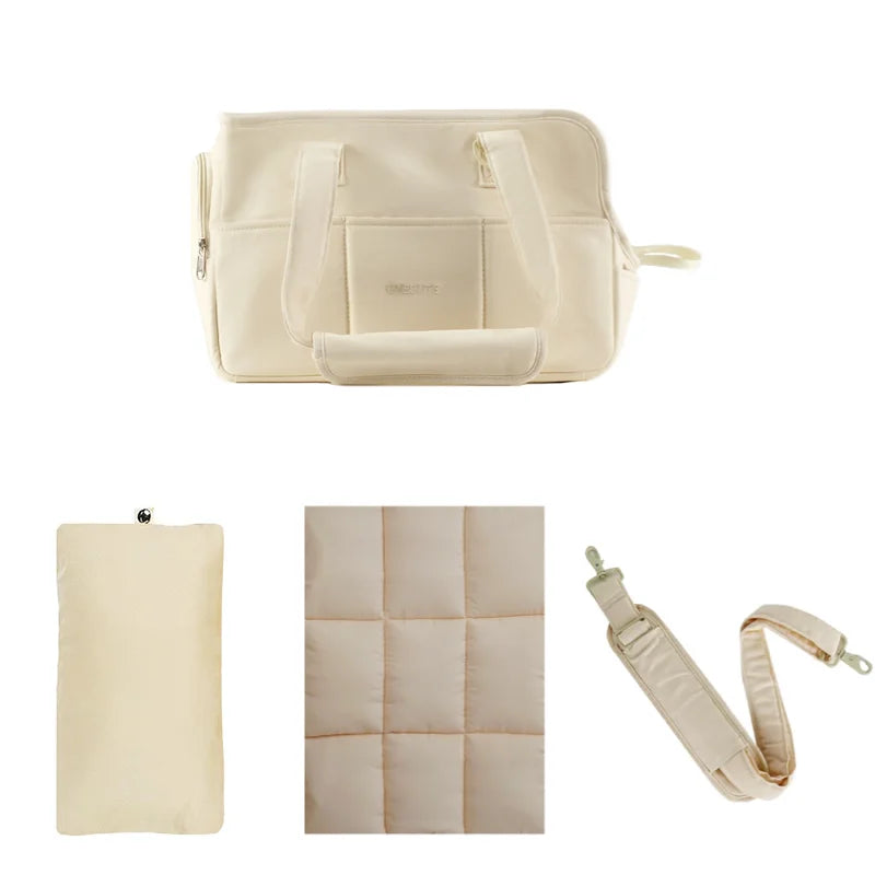 Empty beige pet carrier, highlighting its compact and breathable design.
