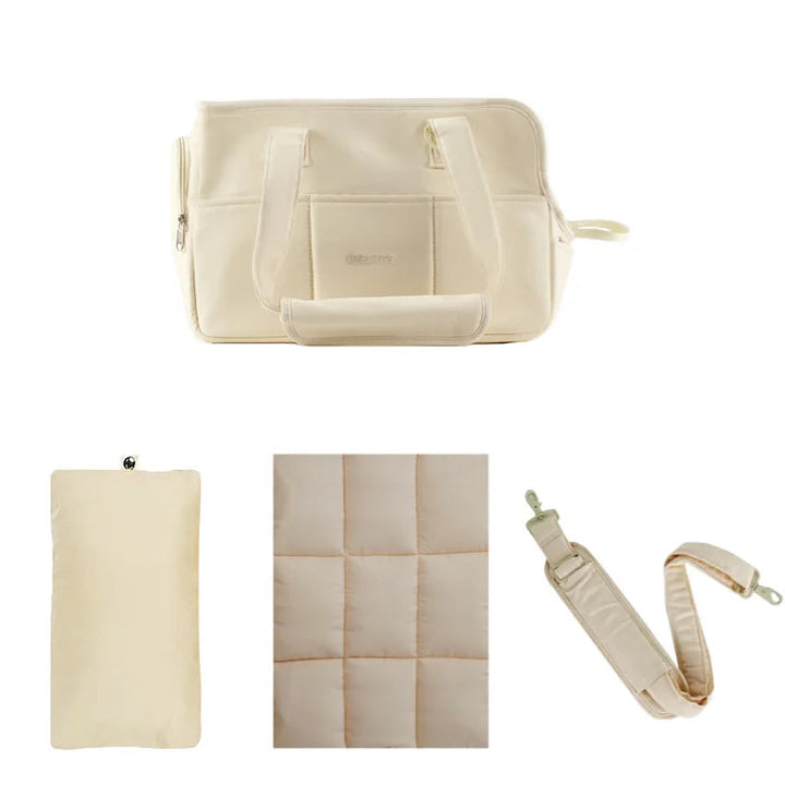 Empty beige pet carrier, highlighting its compact and breathable design.