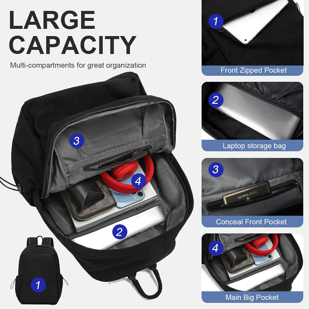 Black unisex daypack with organized compartments for travel essentials.