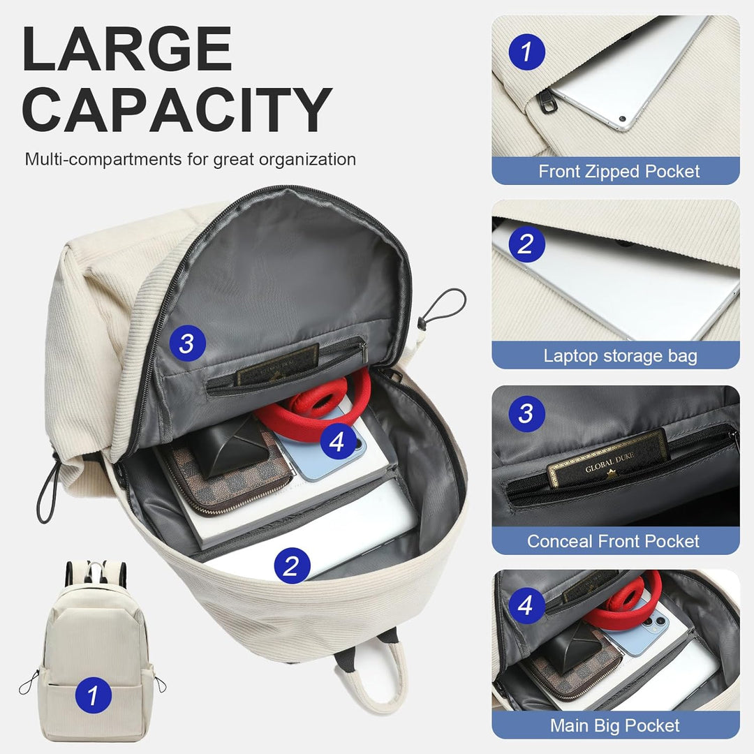 Front view: Beige water-resistant laptop backpack, perfect for school & work.