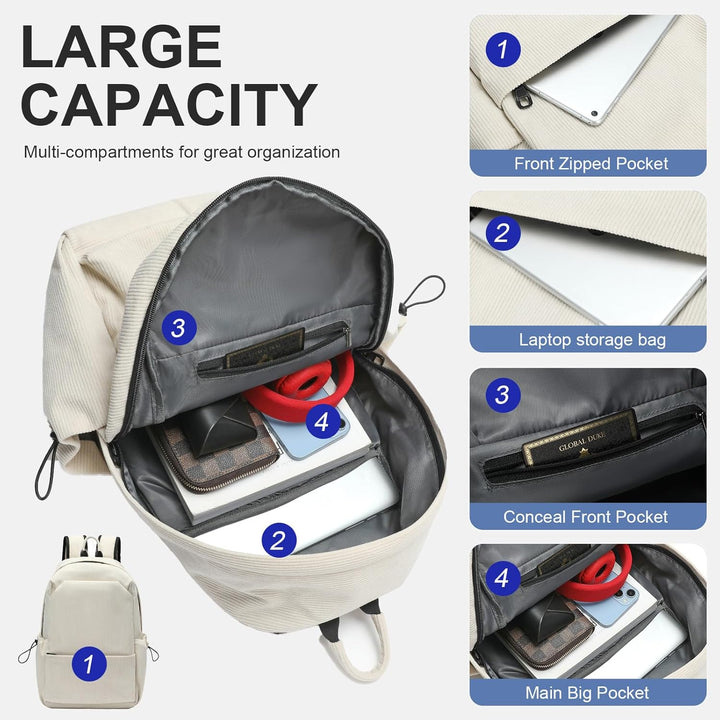 Front view: Beige water-resistant laptop backpack, perfect for school & work.