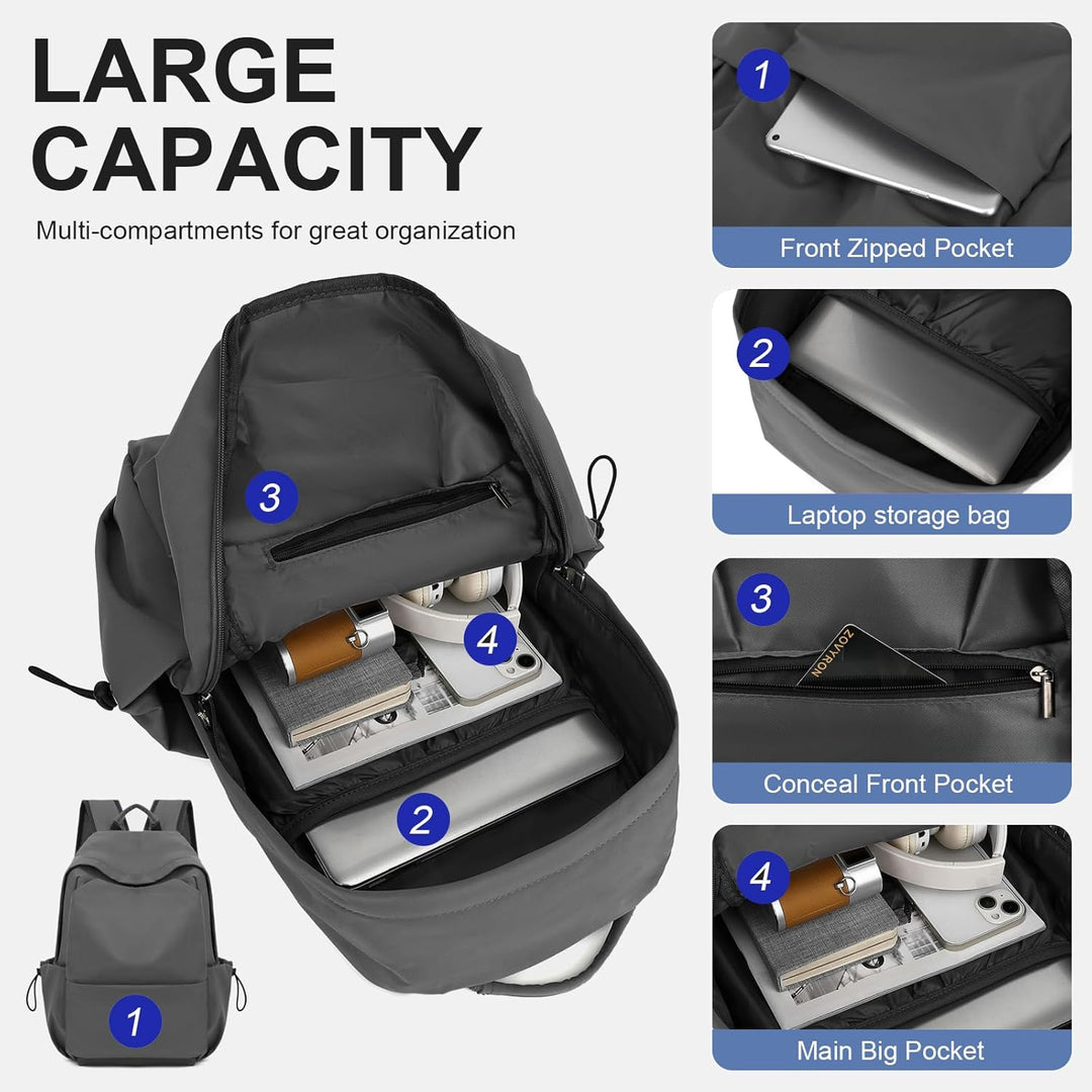 Black school backpack, lightweight & water-resistant with laptop compartment.