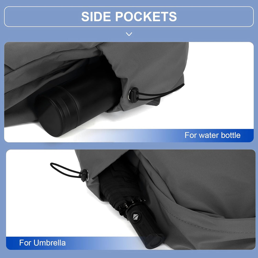 Side view: Black lightweight laptop backpack with water bottle pocket.
