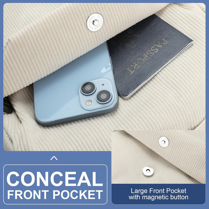 Beige unisex daypack with organized compartments for travel essentials.