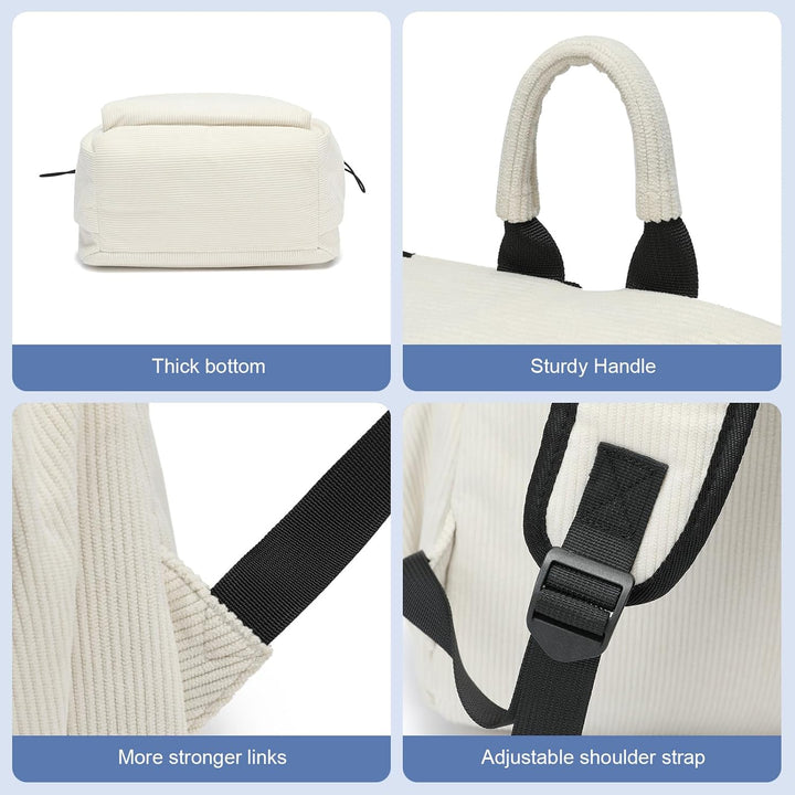 Beige commuter backpack, lightweight & organized for laptops & essentials.