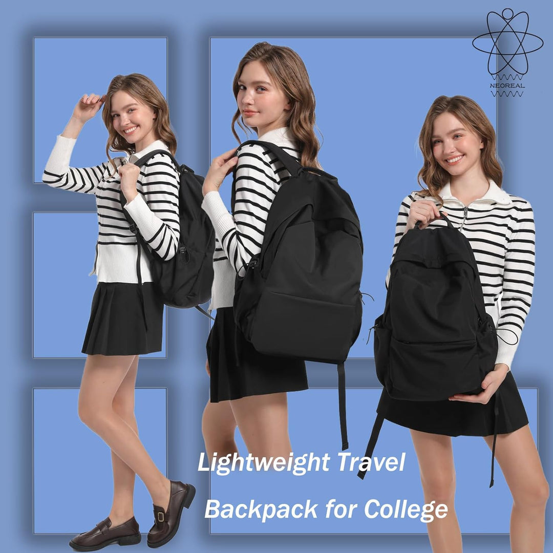 Beige school backpack, lightweight & water-resistant with laptop compartment.