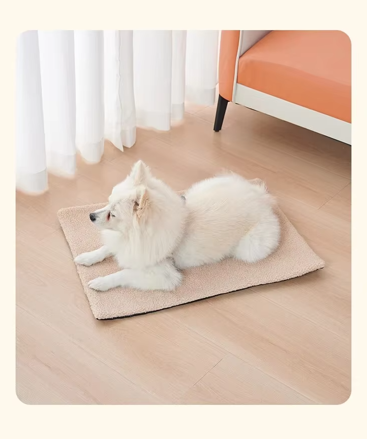 Folded beige self-warming pet blanket, ready for cozy cat or dog bed use, machine washable