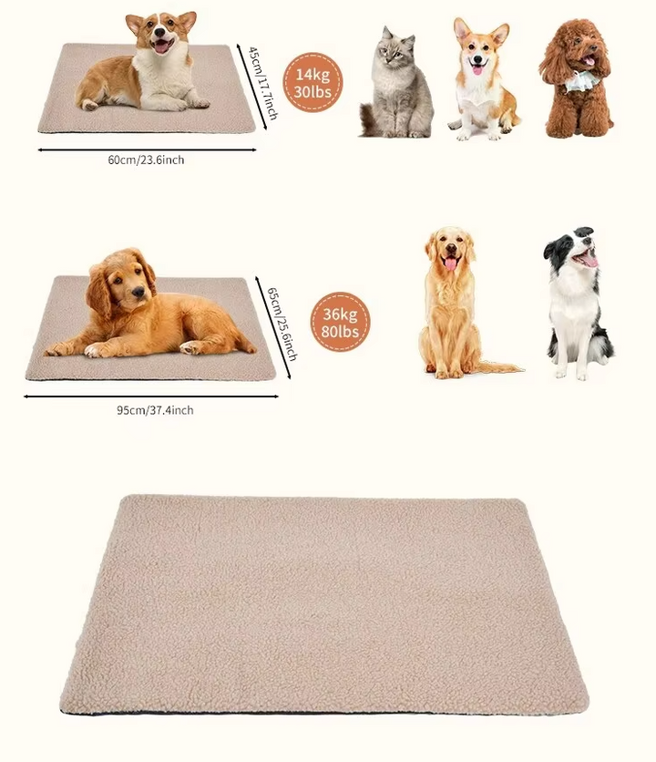 Beige self-warming pet blanket on a wooden floor, providing a warm pet bed for cats/dogs