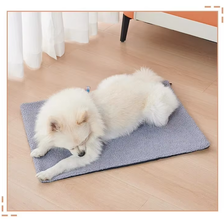 Happy dog resting on a beige self-warming pet blanket, comfortable and washable pet bed