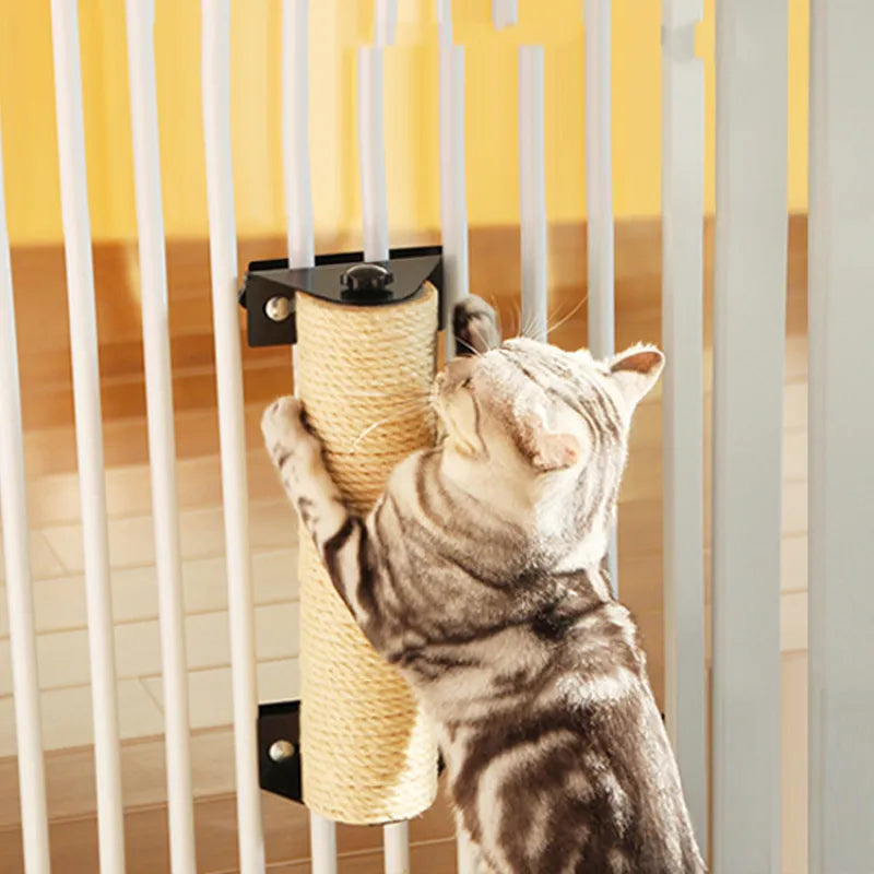 Beige sisal cat scratcher roller for door frames, protecting walls from cat claws.