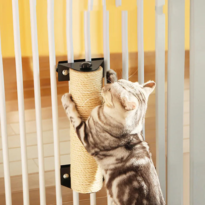 Beige sisal cat scratcher roller for door frames, protecting walls from cat claws.
