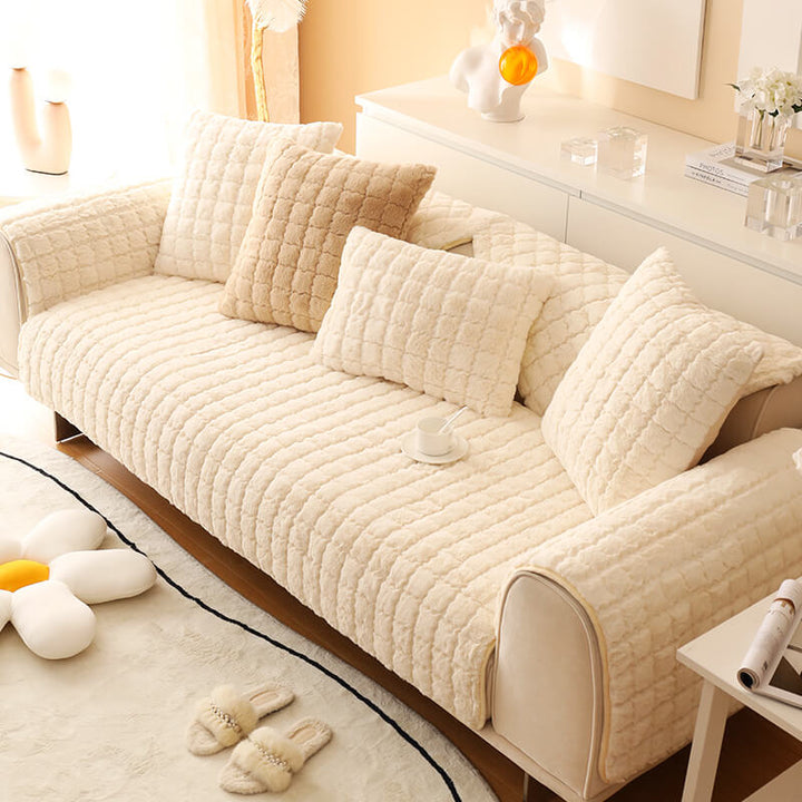 Biscuit plush non-slip couch cover on a 3-seater sofa, soft furniture protection
