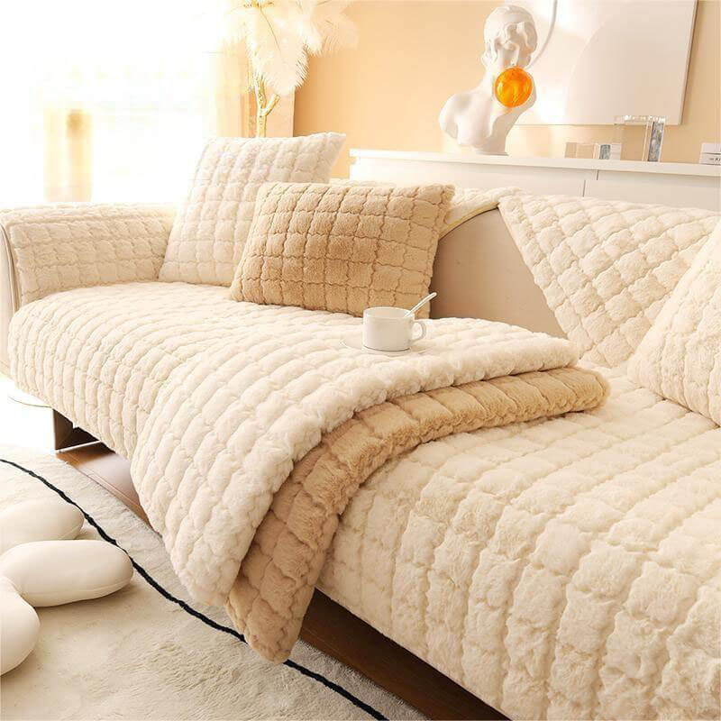 Close-up of the soft biscuit plush texture of the non-slip couch cover, home decor