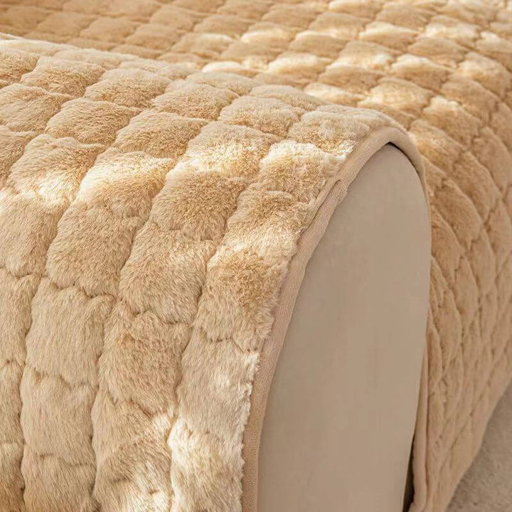 Top-down view of the soft biscuit plush non-slip couch cover, durable furniture protection