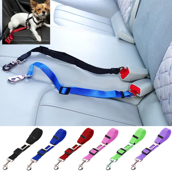 Dog car seat belt in black with metal carabiner clip, designed for pet travel safety and restraint.