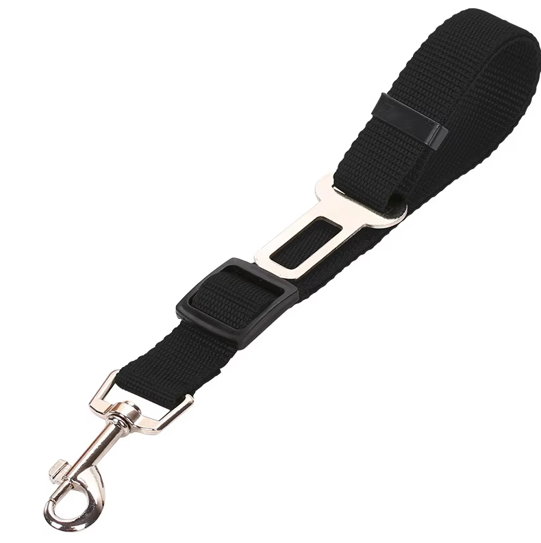 Adjustable black dog car lead with heavy-duty carabiner, keeping canine pets safe during travel.