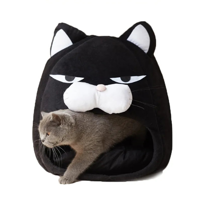 Black cat head design pet cozy cave bed for cats and small dogs, soft and comfortable animal accessory.