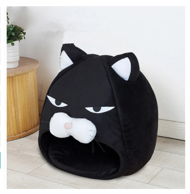 Comfortable black cat head pet bed, a cozy cave for cats and small dogs to rest and feel secure.
