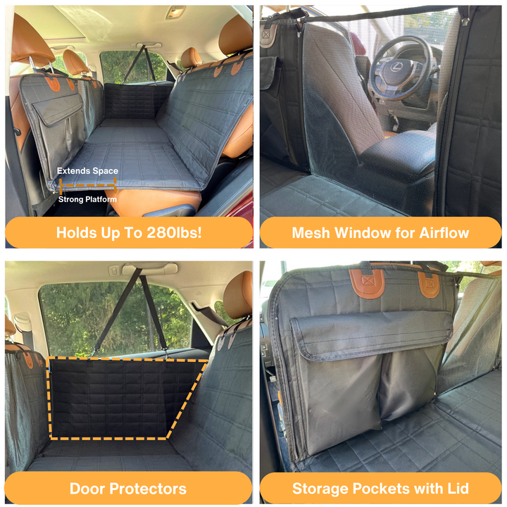 Extend your car's backseat for dogs with this black cover & door protectors. Prevents falls & keeps pets comfy & safe.