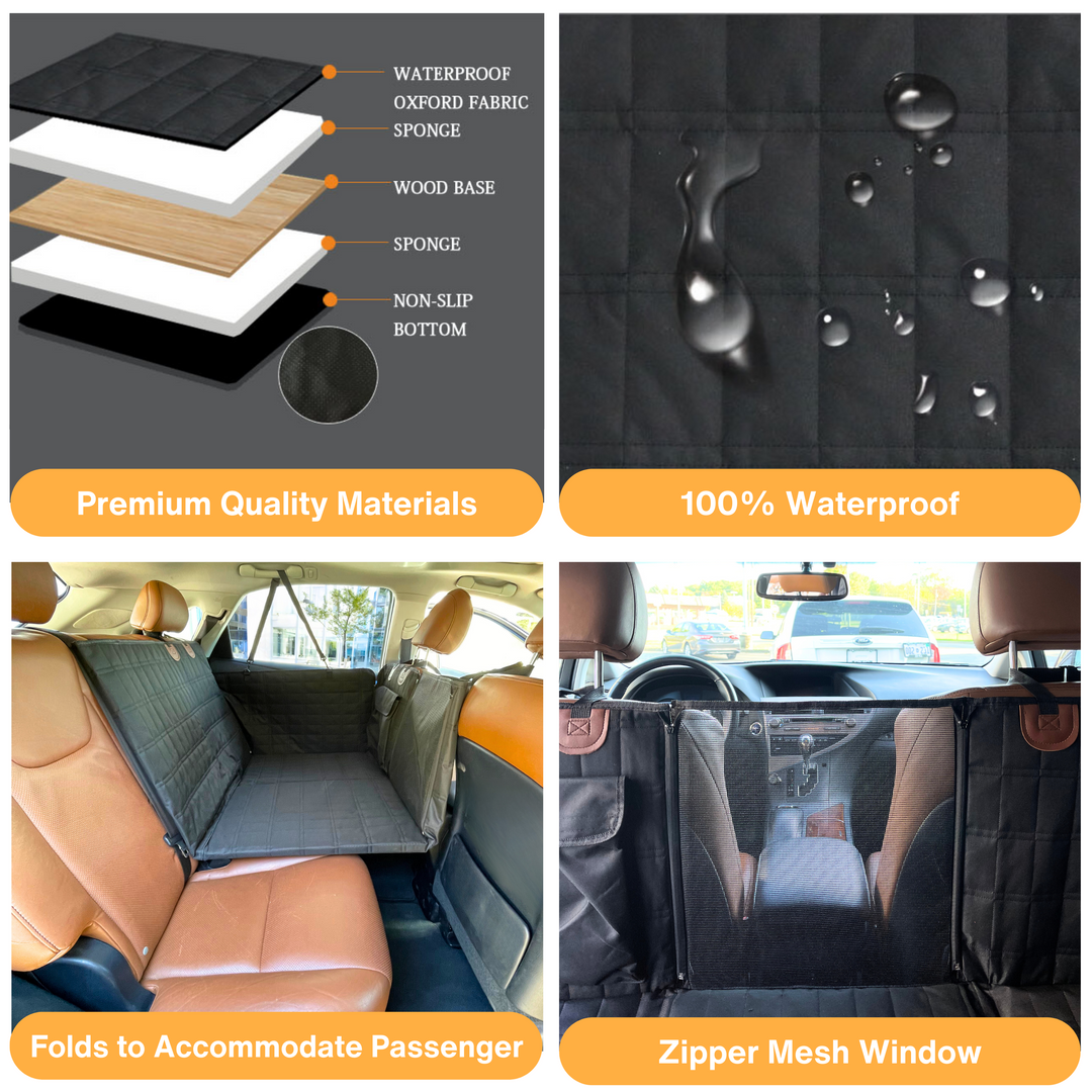 Black dog car seat cover with integrated door covers for full interior protection. Essential pet travel accessory.