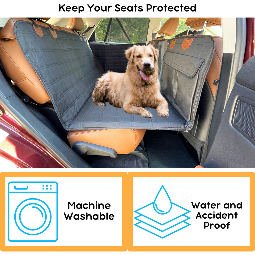 Durable black dog backseat extender & door covers; easy-install car seat protection for safe & clean pet travel.