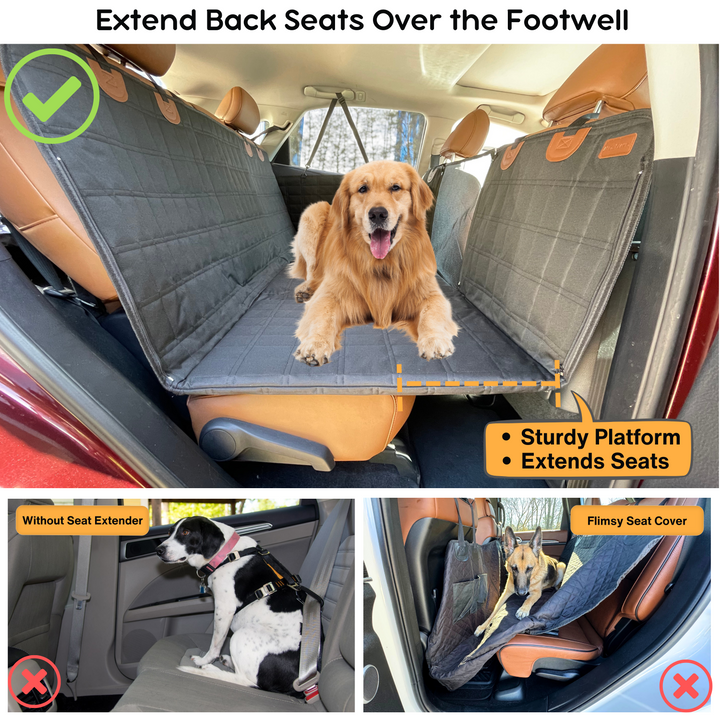 Secure black pet travel mat & backseat extender with door covers. Keeps dogs safe & comfortable on all car rides.