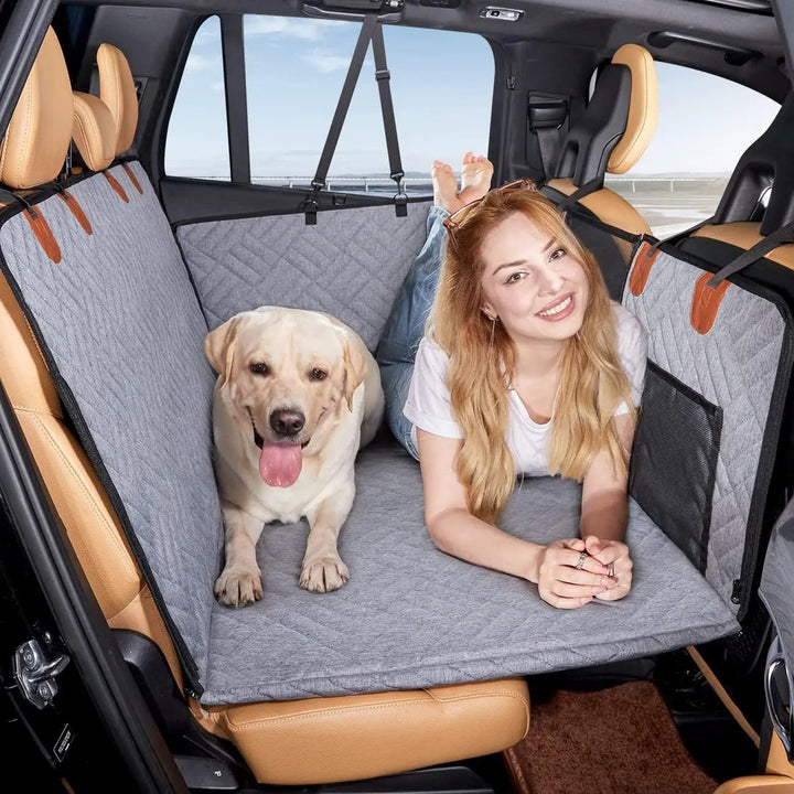 Pet hammock car seat protector for dogs, keeping back seat clean on road trips, easy to install.